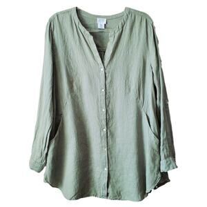 Sigrid Olsen Women Green Linen Top Shirt L Lagenlook Casual Earthy Scandi Mossy